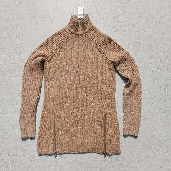 NWT ABERCROMBIE & FITCH Camel Beige Mock Neck Ribbed Wool Blend Zip Sweater. M - Picture 1 of 7